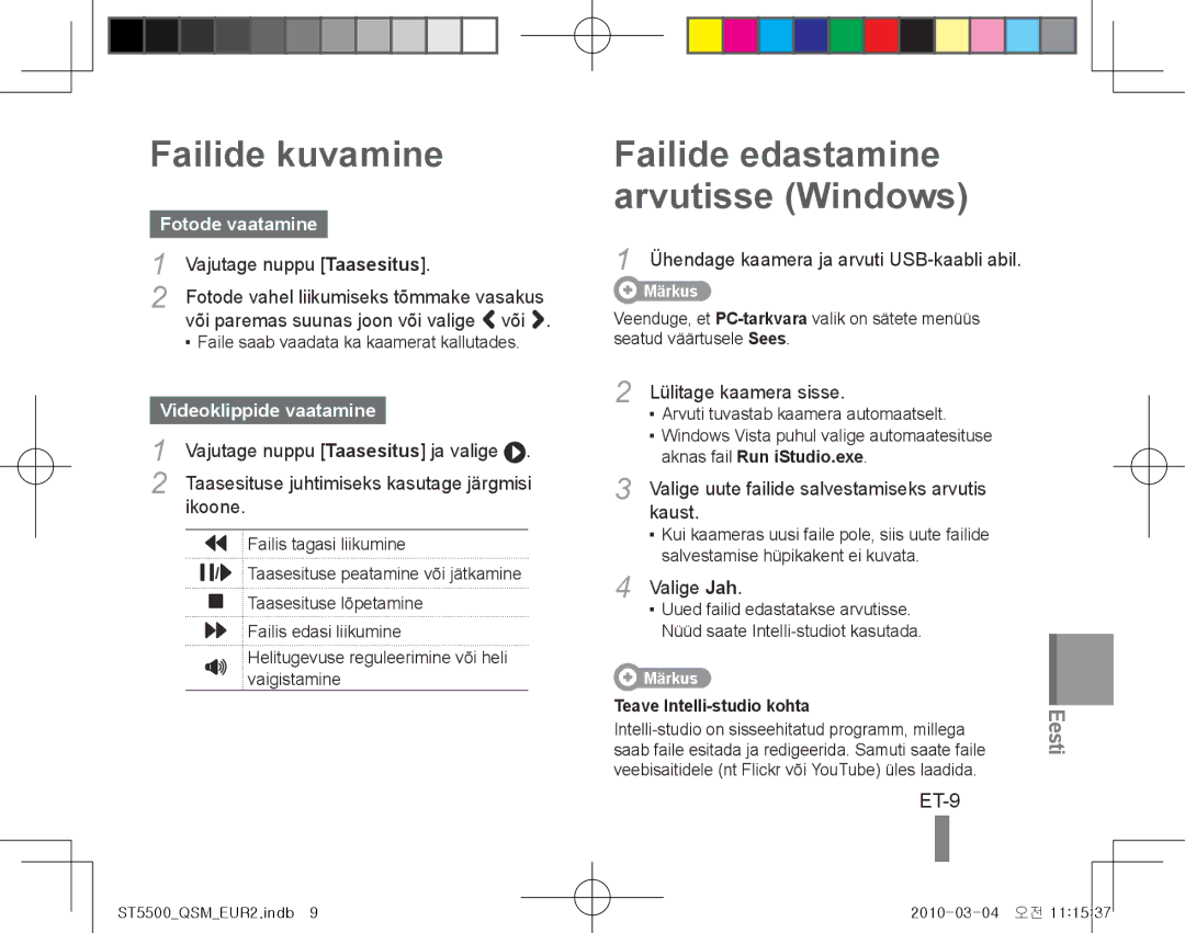 Samsung EC-ST5500BPOIL, EC-ST5500BPBE1 manual Failide kuvamine, Failide edastamine arvutisse Windows, ET-9, Fotode vaatamine 