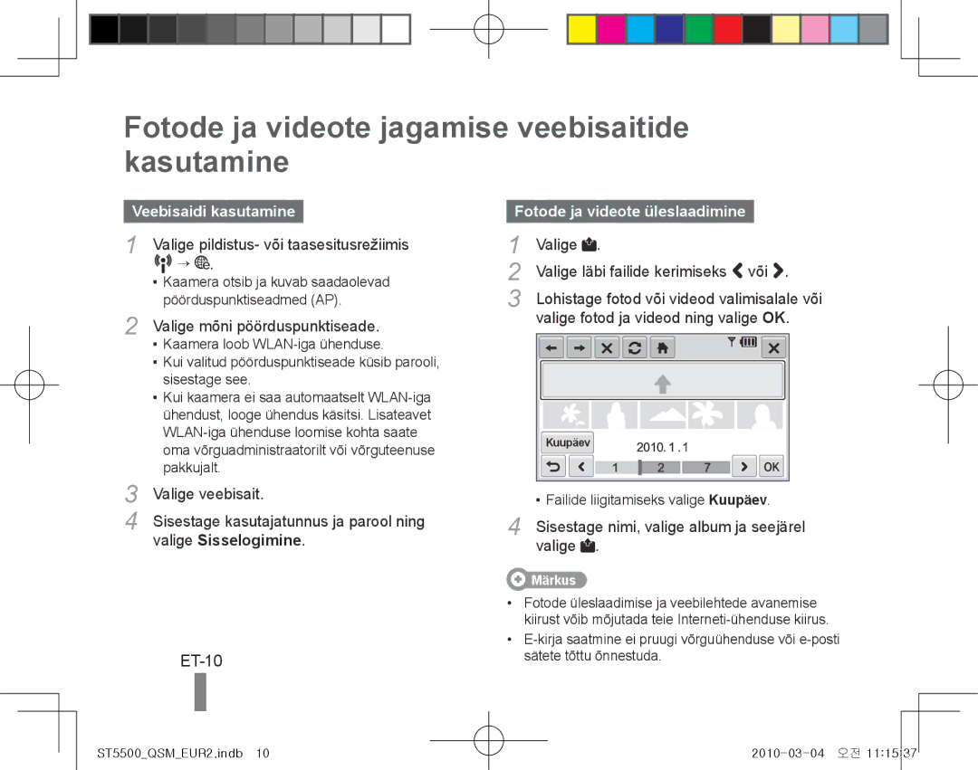 Samsung EC-ST5500BPBE1, EC-ST5500BPOIT Fotode ja videote jagamise veebisaitide kasutamine, ET-10, Veebisaidi kasutamine 