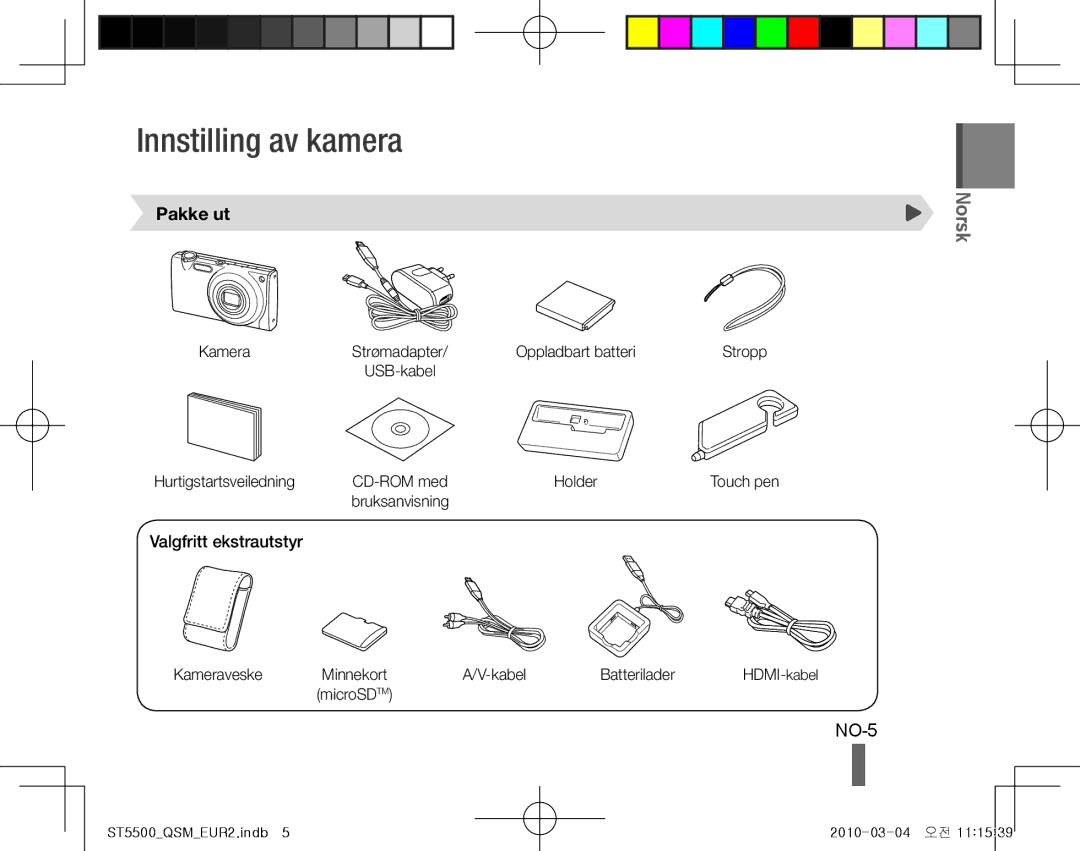 Samsung EC-ST5500BPBRU, EC-ST5500BPBE1, EC-ST5500BPOIT manual Innstilling av kamera, NO-5, Pakke ut, Valgfritt ekstrautstyr 