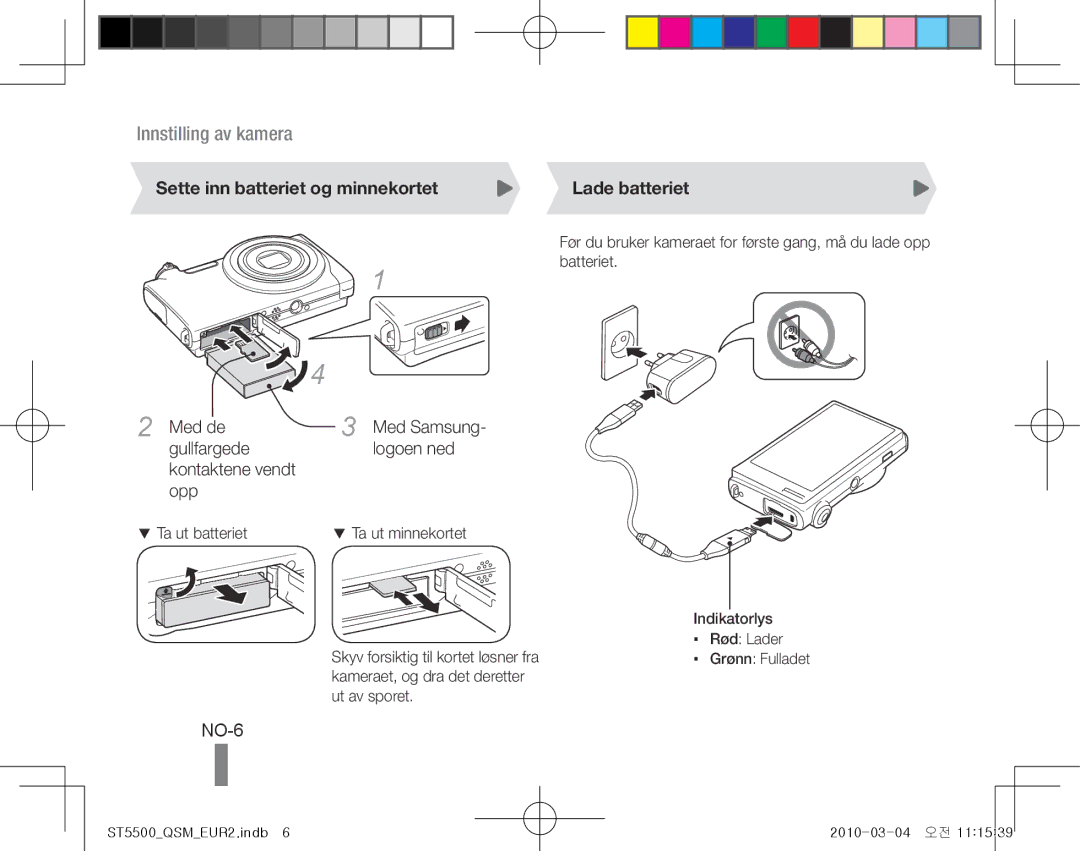 Samsung EC-ST5500BPARU manual NO-6, Sette inn batteriet og minnekortet, Med de Med Samsung Gullfargede Logoen ned, Opp 