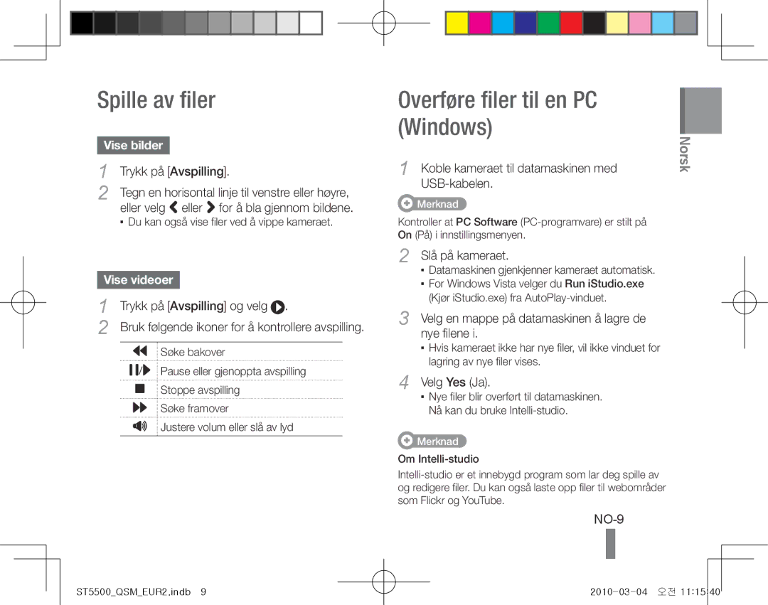 Samsung EC-ST5500BPOIL, EC-ST5500BPBE1 Spille av filer, Overføre filer til en PC Windows, NO-9, Vise bilder, Vise videoer 