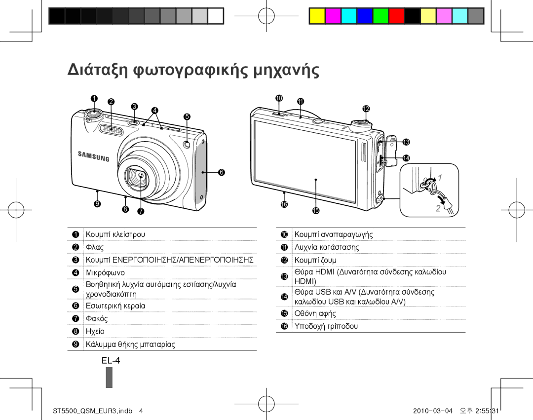 Samsung EC-ST5500BPBSA, EC-ST5500BPBE1 manual Διάταξη φωτογραφικής μηχανής, EL-4, 15 Οθόνη αφής 16 Υποδοχή τρίποδου 