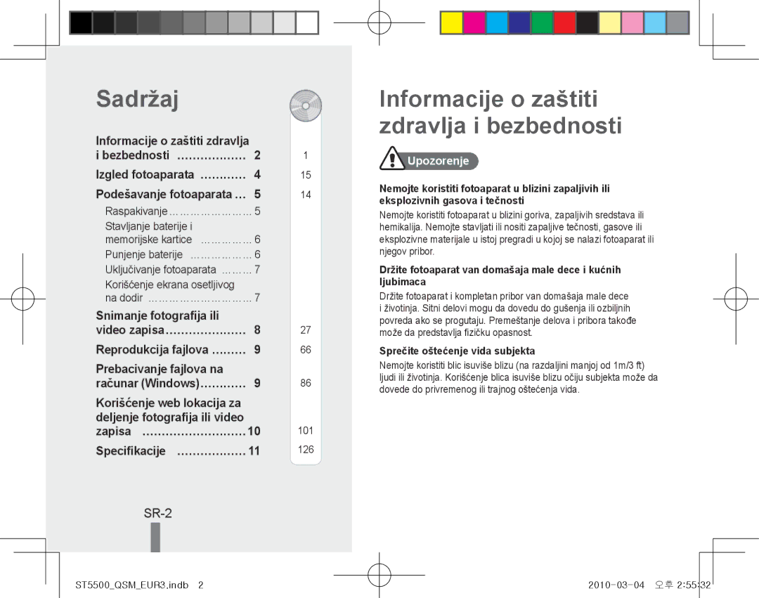 Samsung EC-ST5500BPAE3, EC-ST5500BPBE1, EC-ST5500BPOIT manual Sadržaj, Informacije o zaštiti zdravlja i bezbednosti, SR-2 