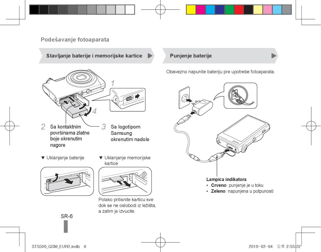 Samsung EC-ST5500BPARU manual SR-6, Stavljanje baterije i memorijske kartice, Nagore, Punjenje baterije, Lampica indikatora 