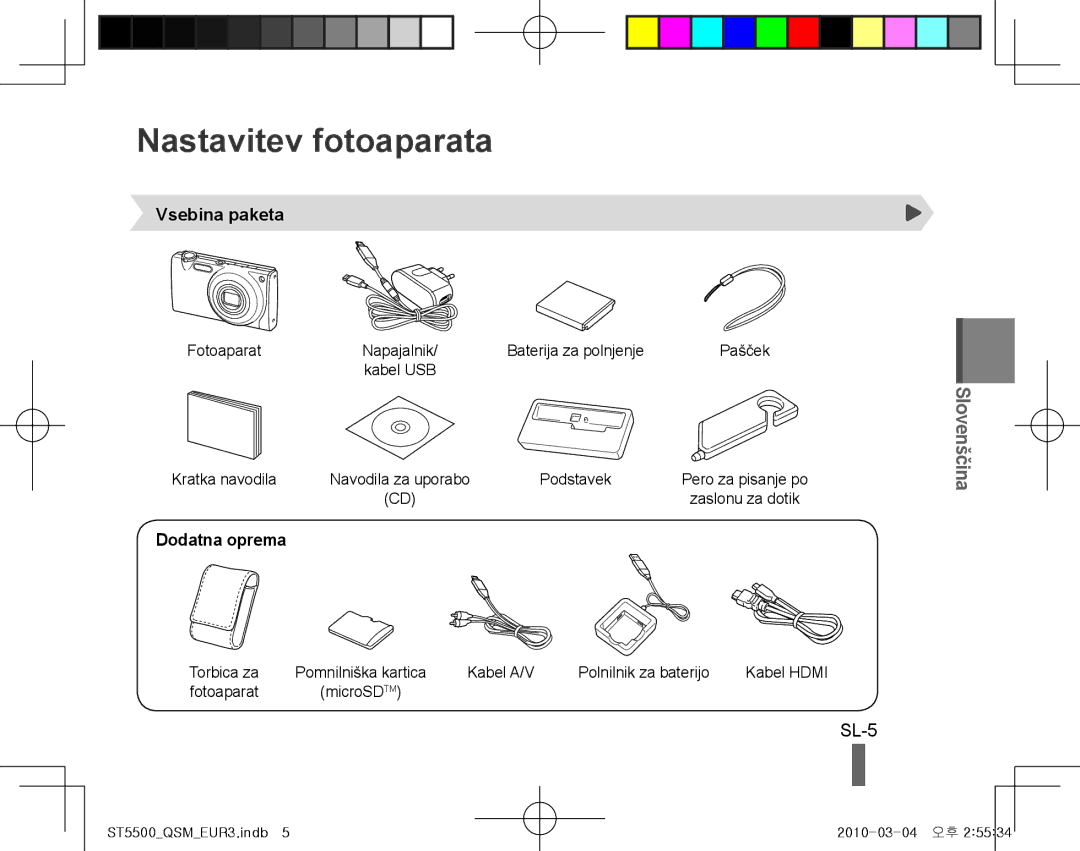 Samsung EC-ST5500BPBIL, EC-ST5500BPBE1, EC-ST5500BPOIT manual Nastavitev fotoaparata, SL-5, Vsebina paketa, Dodatna oprema 