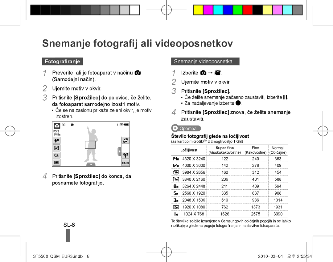 Samsung EC-ST5500BPBVN manual Snemanje fotografij ali videoposnetkov, SL-8, Fotografiranje, Snemanje videoposnetka 