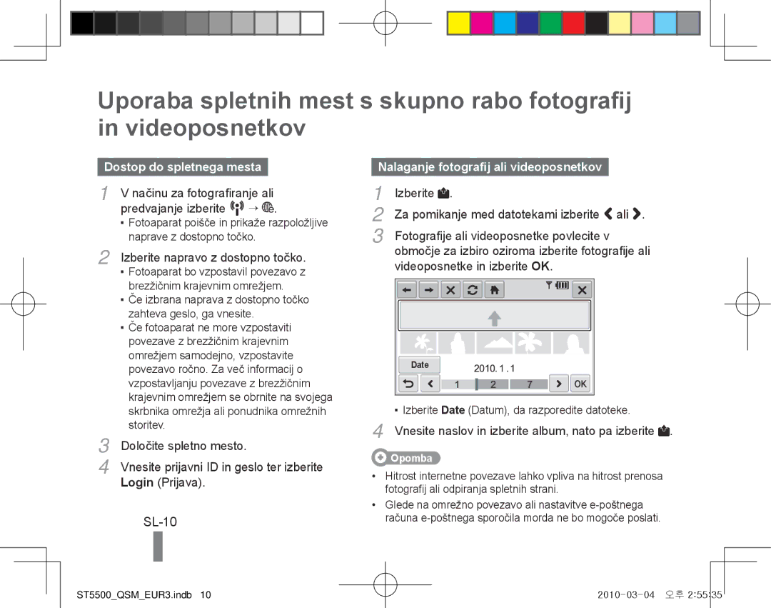 Samsung EC-ST5500BPBE3, EC-ST5500BPBE1 manual SL-10, Dostop do spletnega mesta, Nalaganje fotografij ali videoposnetkov 