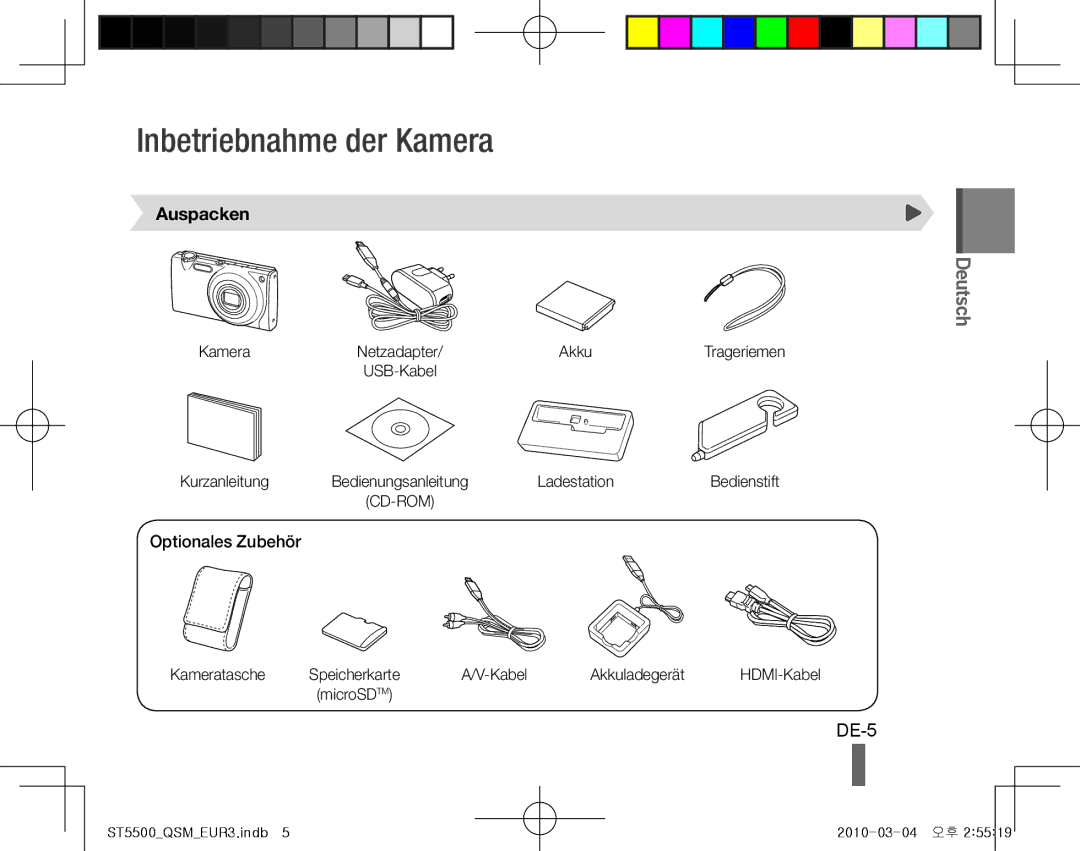 Samsung EC-ST5500BPBRU, EC-ST5500BPBE1, EC-ST5500BPOIT manual Inbetriebnahme der Kamera, DE-5, Auspacken, Optionales Zubehör 