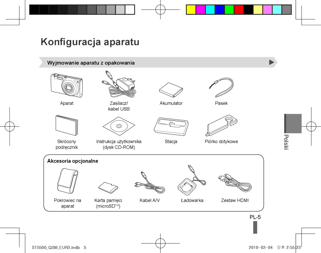 Samsung EC-ST5500BPBIL, EC-ST5500BPBE1 Konfiguracja aparatu, PL-5, Wyjmowanie aparatu z opakowania, Akcesoria opcjonalne 