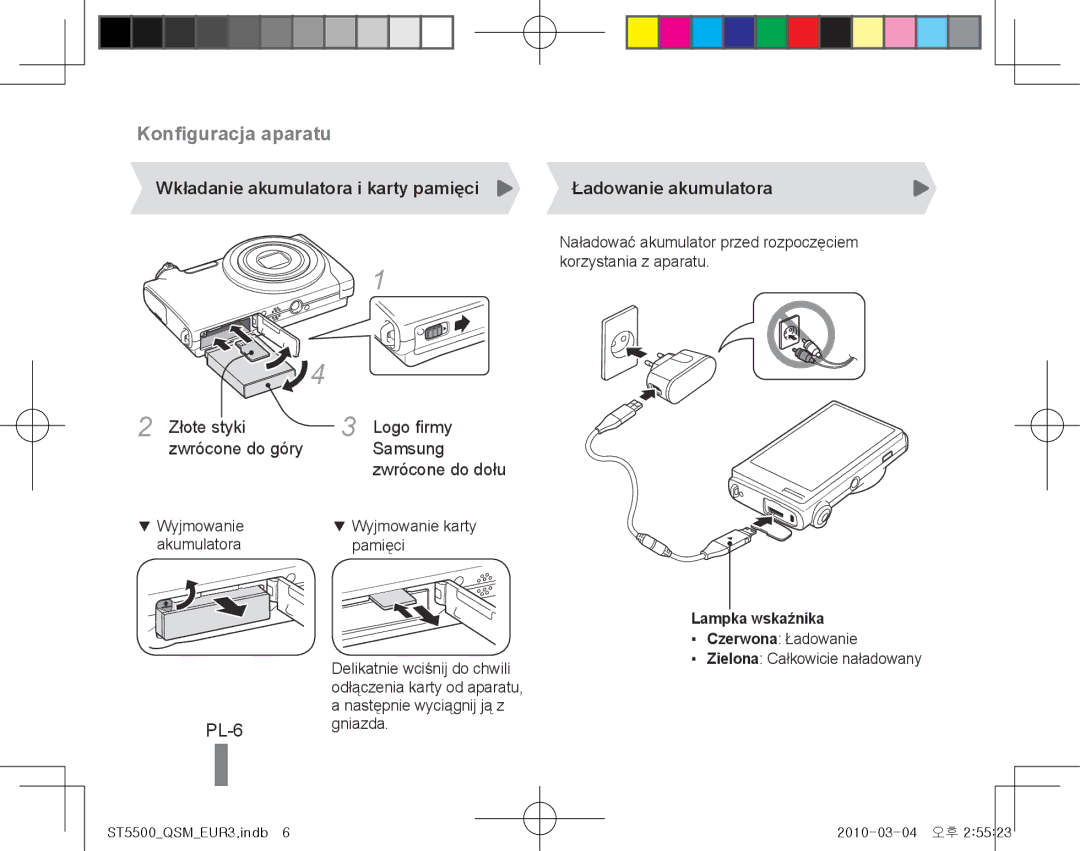 Samsung EC-ST5500BPAVN, EC-ST5500BPBE1 PL-6, Wkładanie akumulatora i karty pamięci Ładowanie akumulatora, Lampka wskaźnika 