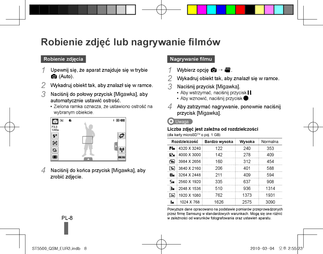 Samsung EC-ST5500BPBVN, EC-ST5500BPBE1 manual Robienie zdjęć lub nagrywanie filmów, PL-8, Robienie zdjęcia, Nagrywanie filmu 