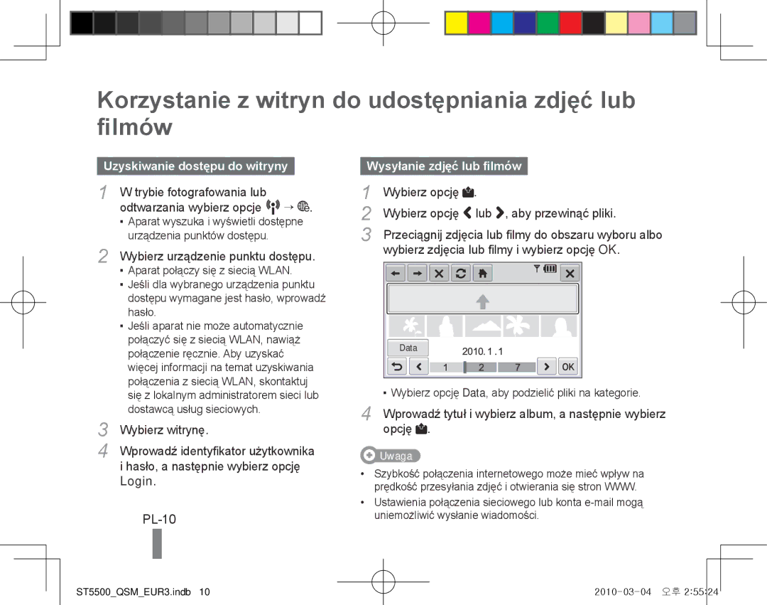 Samsung EC-ST5500BPBE3 manual Korzystanie z witryn do udostępniania zdjęć lub filmów, PL-10, Uzyskiwanie dostępu do witryny 