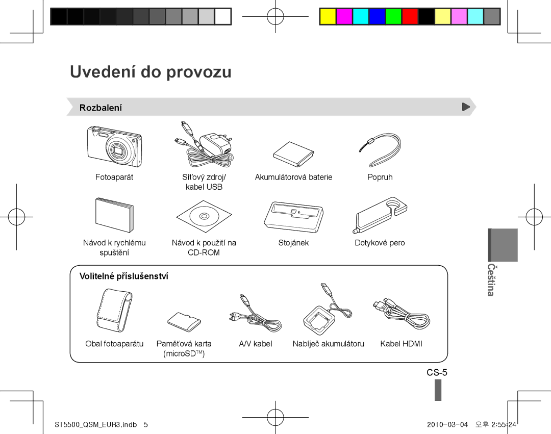 Samsung EC-ST5500BPBRU, EC-ST5500BPBE1, EC-ST5500BPOIT manual Uvedení do provozu, CS-5, Rozbalení, Volitelné příslušenství 