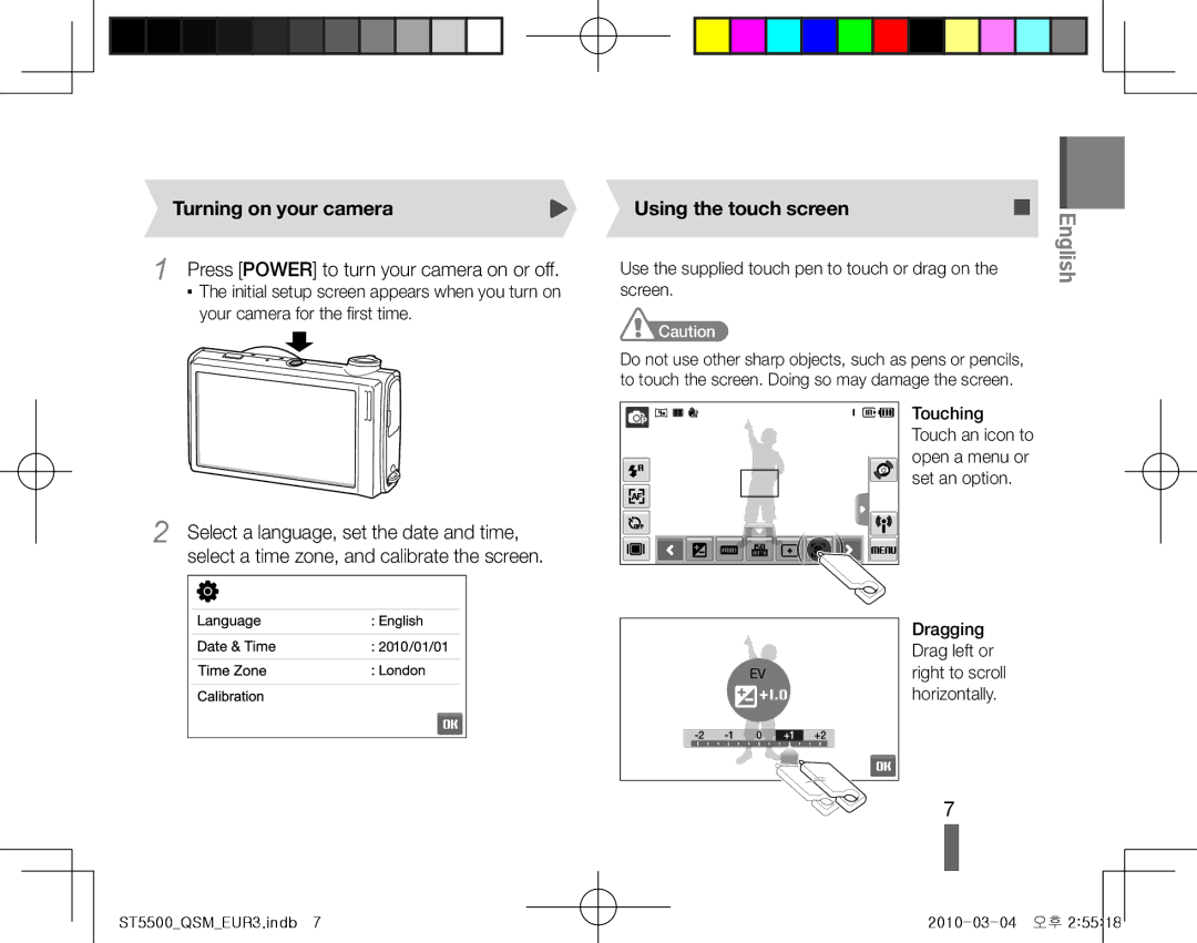 Samsung EC-ST5500BPOVN, EC-ST5500BPBE1, EC-ST5500BPOIT manual Turning on your camera, Using the touch screen, Horizontally 