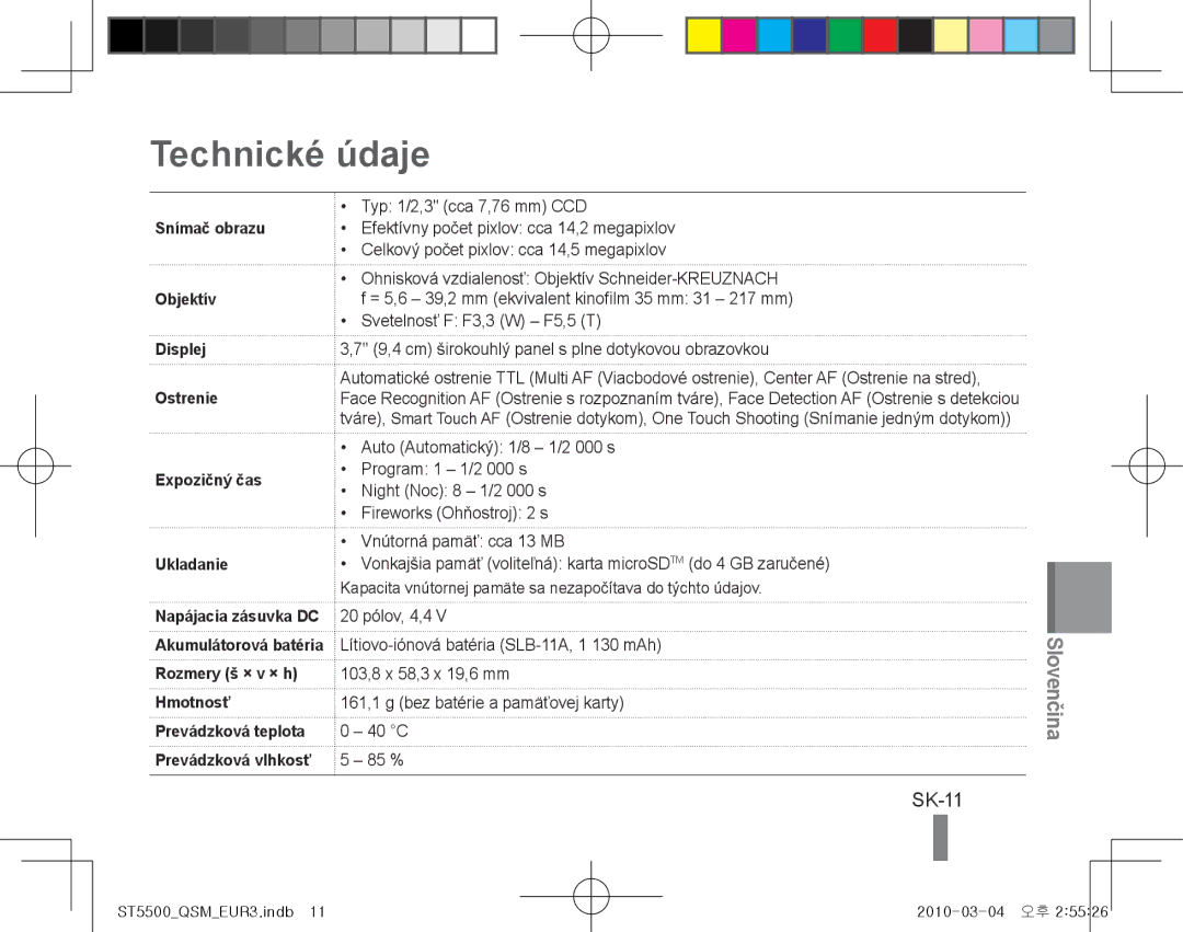 Samsung EC-ST5500BPOE3, EC-ST5500BPBE1, EC-ST5500BPOIT, EC-ST5500BPBIT, EC-ST5500BPAIT manual SK-11, Prevádzková vlhkosť 