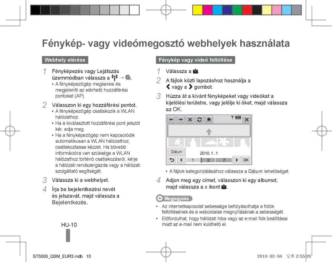 Samsung EC-ST5500BPBE1, EC-ST5500BPOIT manual Fénykép- vagy videómegosztó webhelyek használata, HU-10, Webhely elérése 