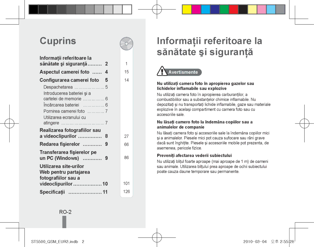 Samsung EC-ST5500BPBIT, EC-ST5500BPBE1 manual Cuprins, Informaţii referitoare la sănătate şi siguranţă, RO-2, Avertismente 