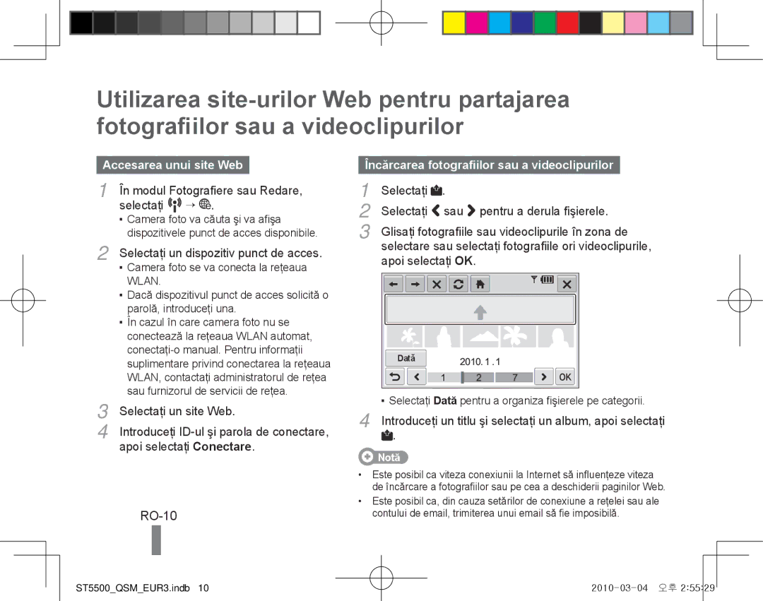 Samsung EC-ST5500BPBE3, EC-ST5500BPBE1 manual RO-10, Accesarea unui site Web, Încărcarea fotografiilor sau a videoclipurilor 