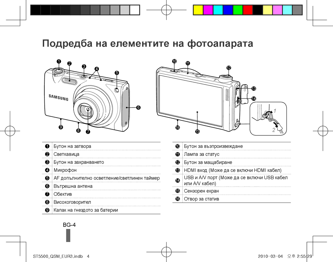 Samsung EC-ST5500BPOE1, EC-ST5500BPBE1, EC-ST5500BPOIT, EC-ST5500BPBIT manual Подредба на елементите на фотоапарата, BG-4 