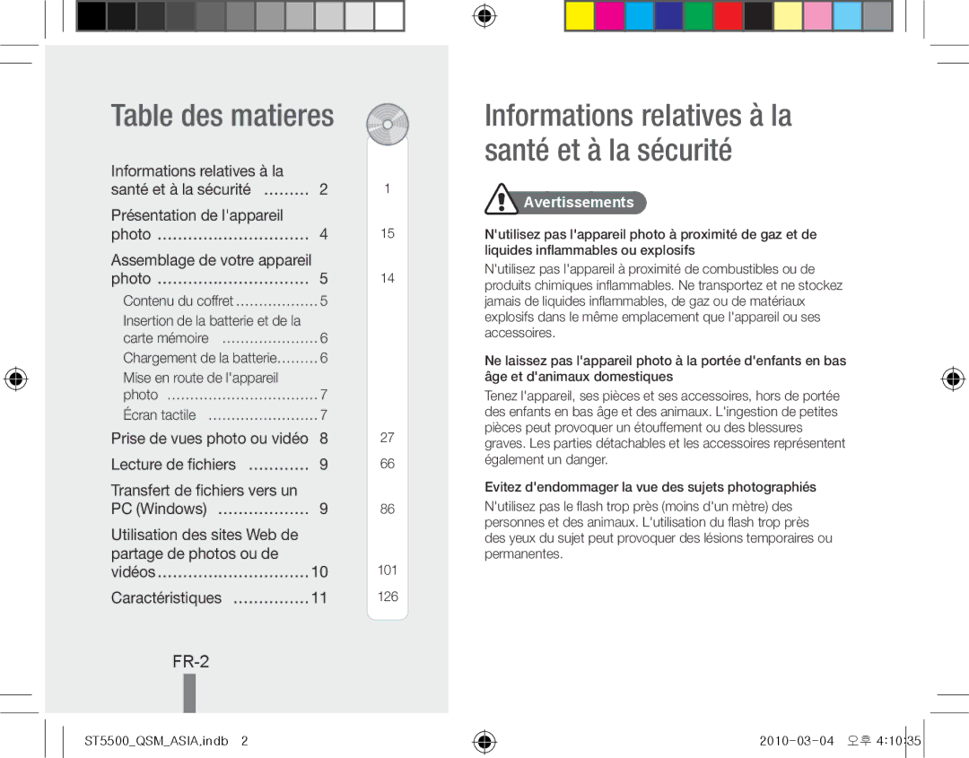 Samsung EC-ST5500BPAE3 Table des matieres, Informations relatives à la santé et à la sécurité, FR-2, Vidéos………………………… 