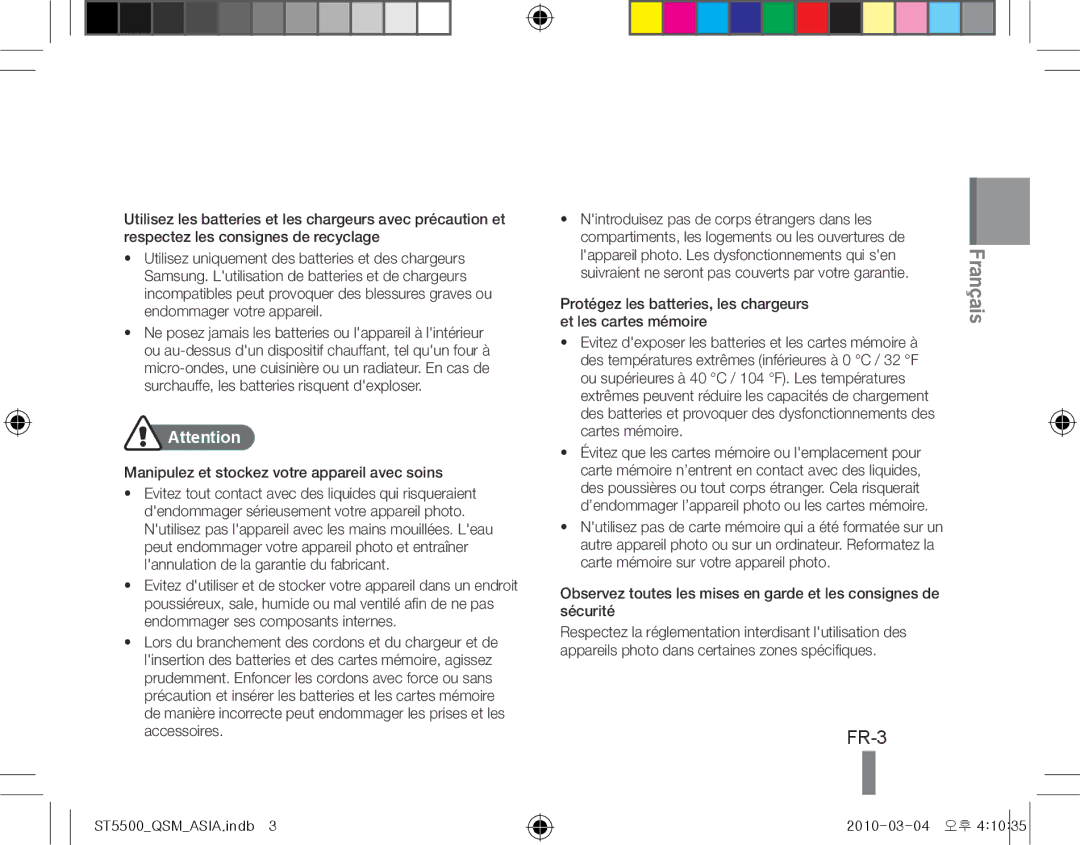 Samsung EC-ST5500BPBE2 FR-3, Manipulez et stockez votre appareil avec soins, Nintroduisez pas de corps étrangers dans les 