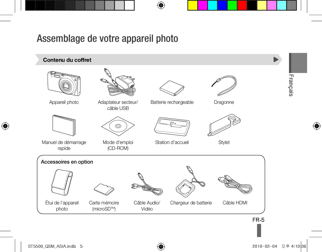 Samsung EC-ST5500BPBRU, EC-ST5500BPBE1 Assemblage de votre appareil photo, FR-5, Contenu du coffret, Accessoires en option 