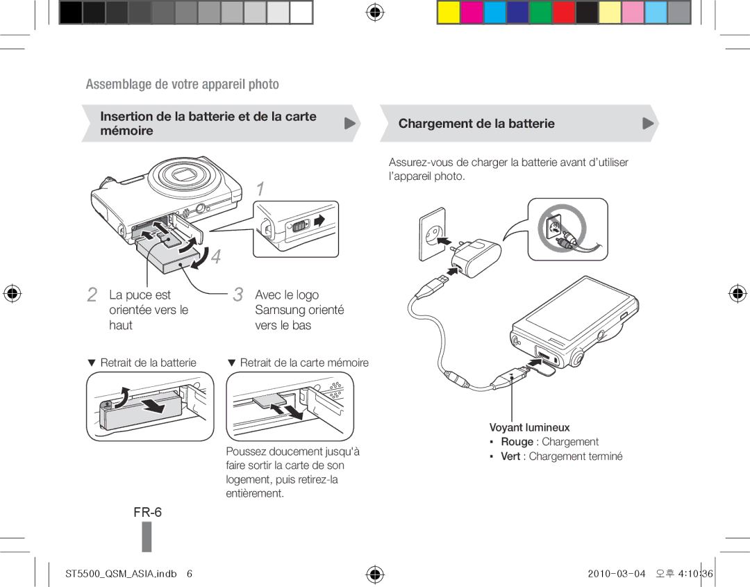 Samsung EC-ST5500BPARU FR-6, Insertion de la batterie et de la carte mémoire, La puce est Avec le logo Orientée vers le 