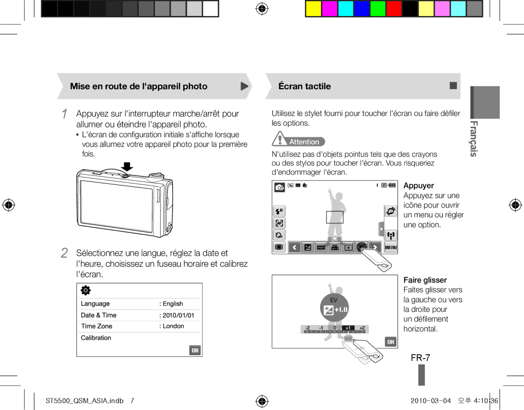 Samsung EC-ST5500BPAE1, EC-ST5500BPBE1, EC-ST5500BPOIT FR-7, Mise en route de lappareil photo, Écran tactile, Les options 