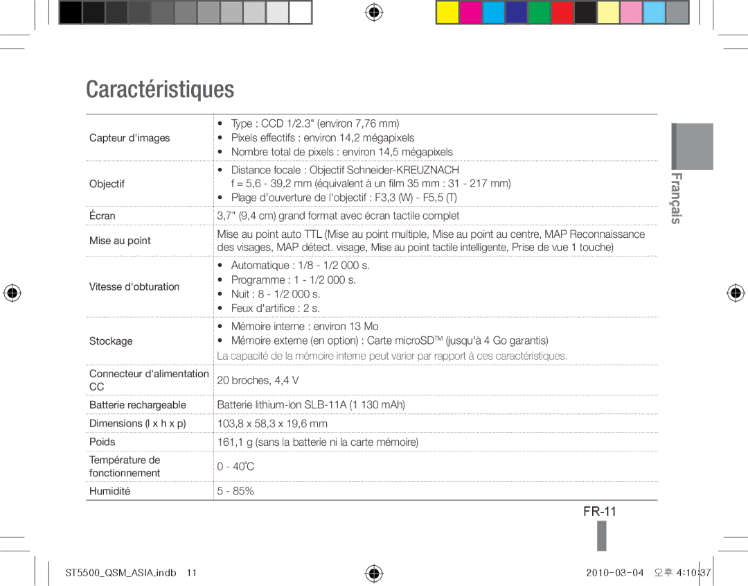 Samsung EC-ST5500BPOIT, EC-ST5500BPBE1 manual Caractéristiques, FR-11, Batterie rechargeable Dimensions l x h x p Poids 