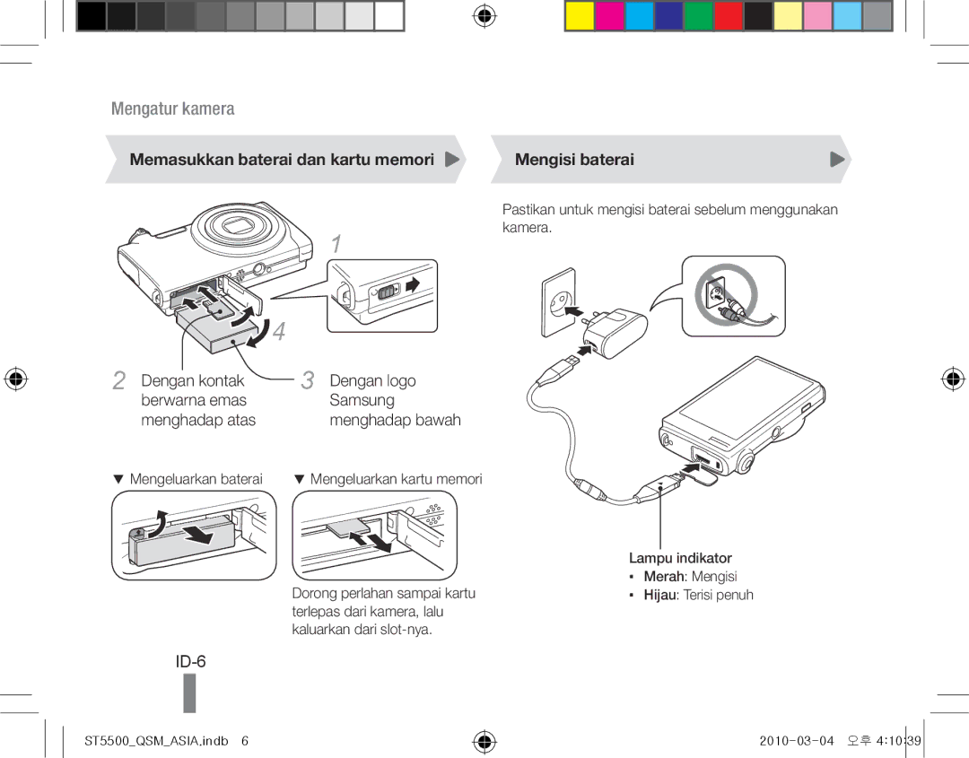 Samsung EC-ST5500BPARU, EC-ST5500BPBE1 manual ID-6, Memasukkan baterai dan kartu memori, Mengisi baterai, Menghadap bawah 