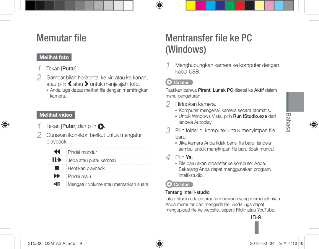 Samsung EC-ST5500BPOIL, EC-ST5500BPBE1 Memutar file, Mentransfer file ke PC Windows, ID-9, Melihat foto, Melihat video 