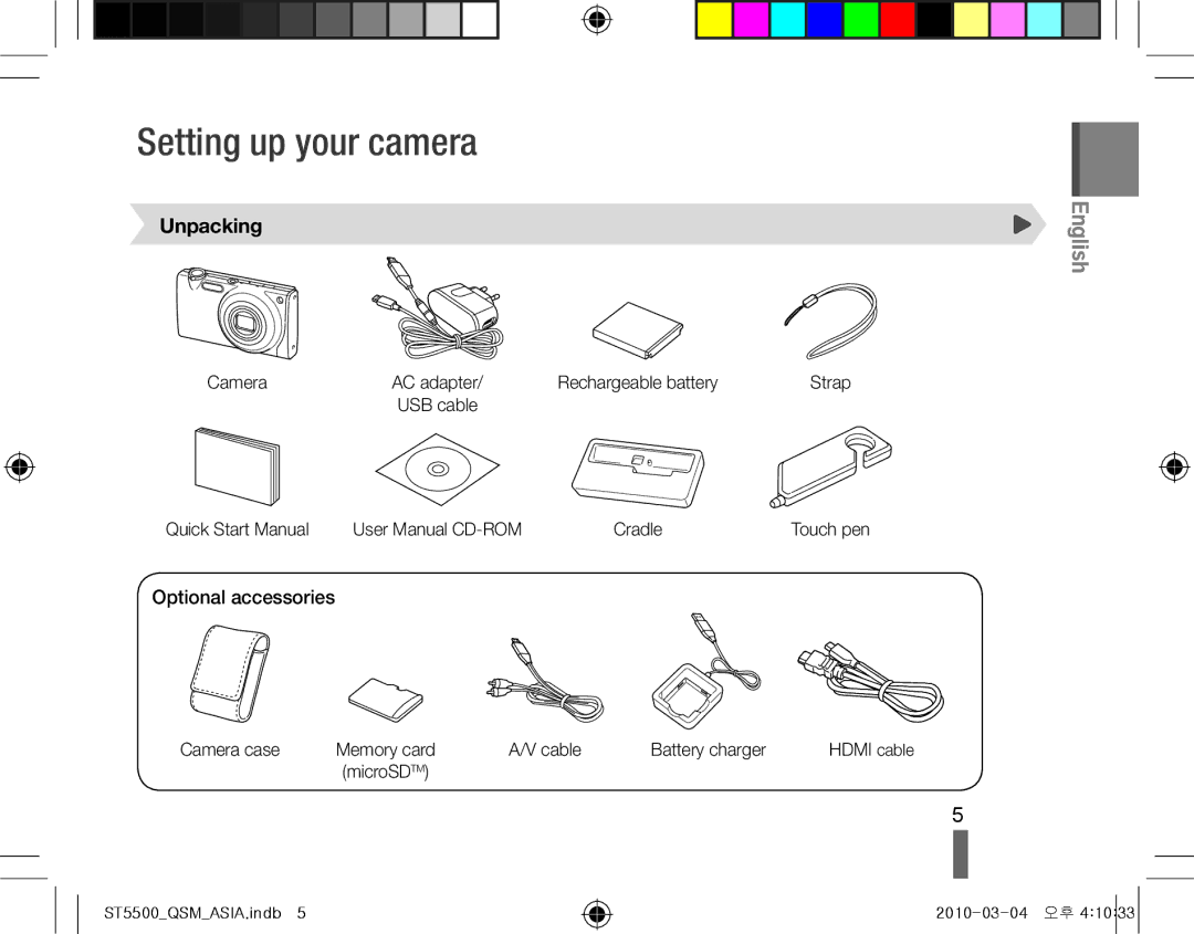 Samsung EC-ST5500BPBIL, EC-ST5500BPBE1, EC-ST5500BPOIT manual Setting up your camera, Unpacking, Optional accessories 