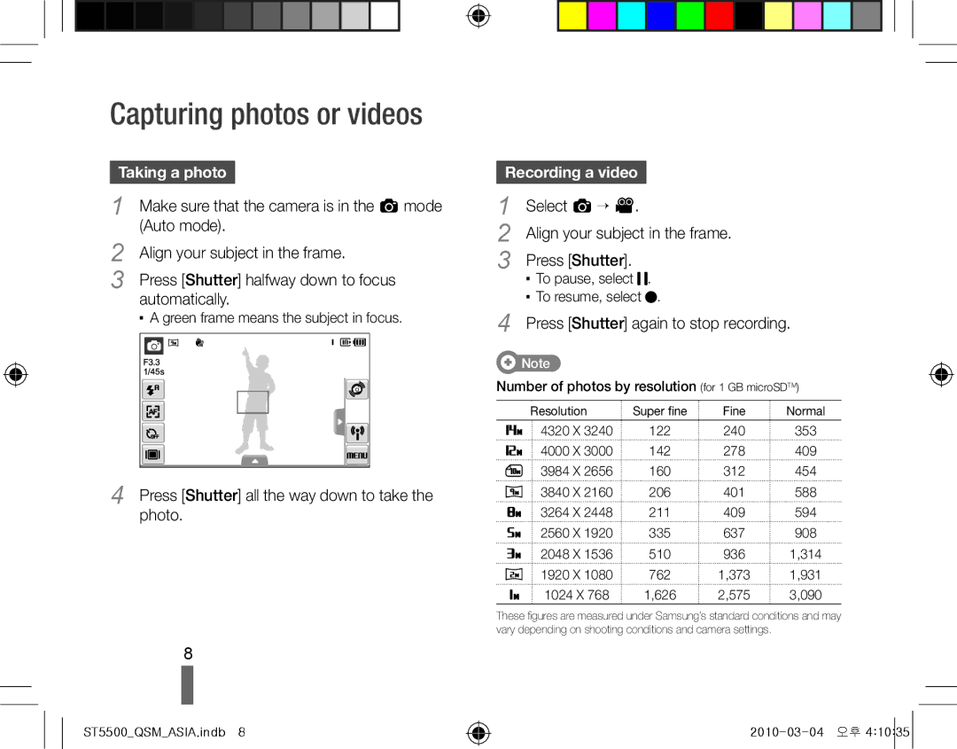 Samsung EC-ST5500BPBVN, EC-ST5500BPBE1, EC-ST5500BPOIT, EC-ST5500BPBIT, EC-ST5500BPAIT manual Taking a photo, Recording a video 