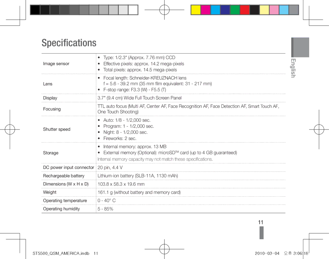 Samsung EC-ST5500BPOE3, EC-ST5500BPBE1, EC-ST5500BPOIT, EC-ST5500BPBIT, EC-ST5500BPAIT, EC-ST5500BPBSA manual Specifications 