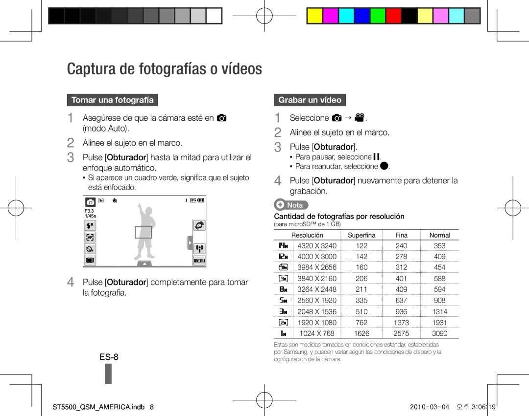 Samsung EC-ST5500BPORU, EC-ST5500BPBE1, EC-ST5500BPOIT, EC-ST5500BPBIT manual ES-8, Tomar una fotografía, Grabar un vídeo 