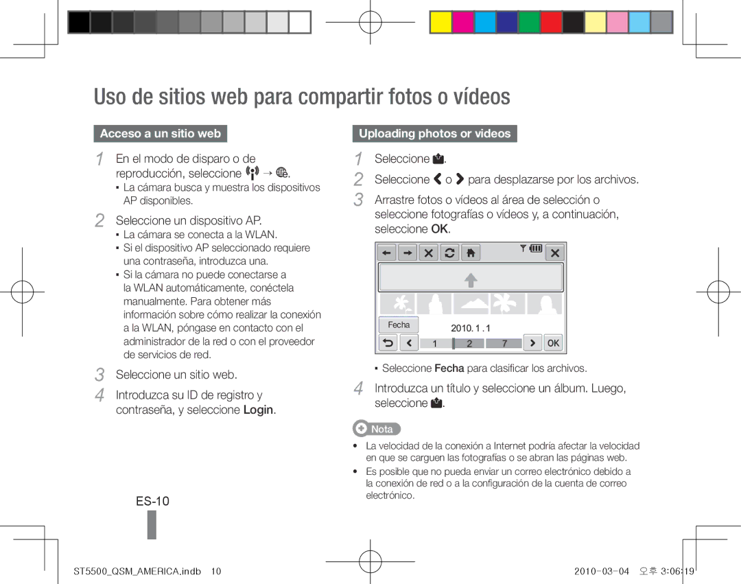 Samsung EC-ST5500BPBE1, EC-ST5500BPOIT manual Uso de sitios web para compartir fotos o vídeos, ES-10, Acceso a un sitio web 