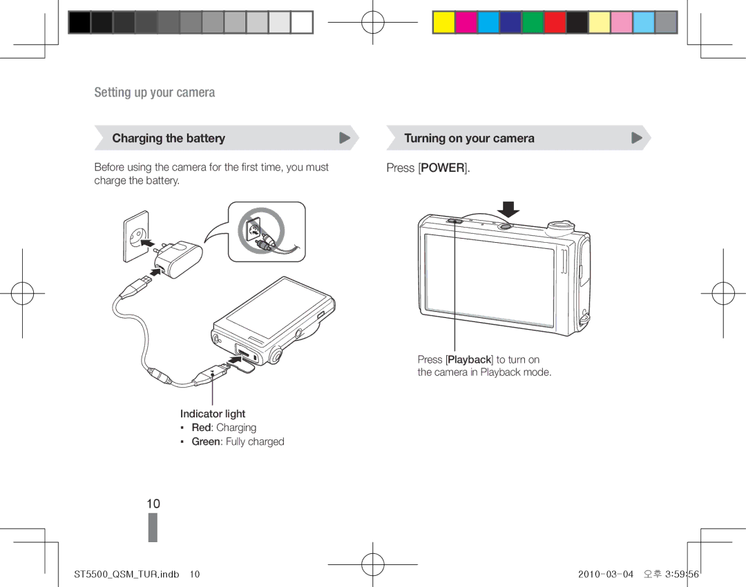 Samsung EC-ST5500BPBE3, EC-ST5500BPBE1, EC-ST5500BPOIT manual Charging the battery, Turning on your camera, Press Power 