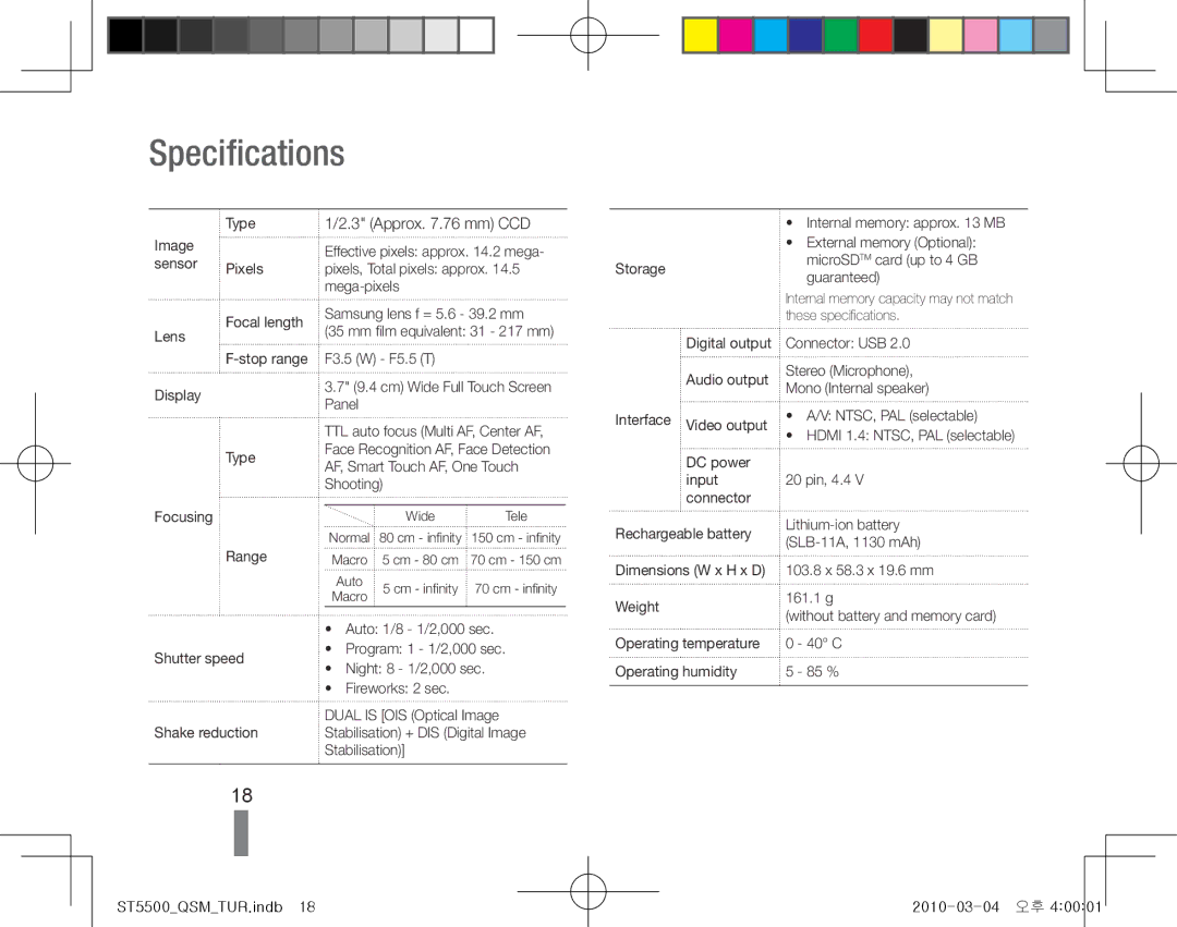 Samsung EC-ST5500BPORU, EC-ST5500BPBE1, EC-ST5500BPOIT, EC-ST5500BPBIT, EC-ST5500BPAIT manual Specifications, Approx .76 mm CCD 