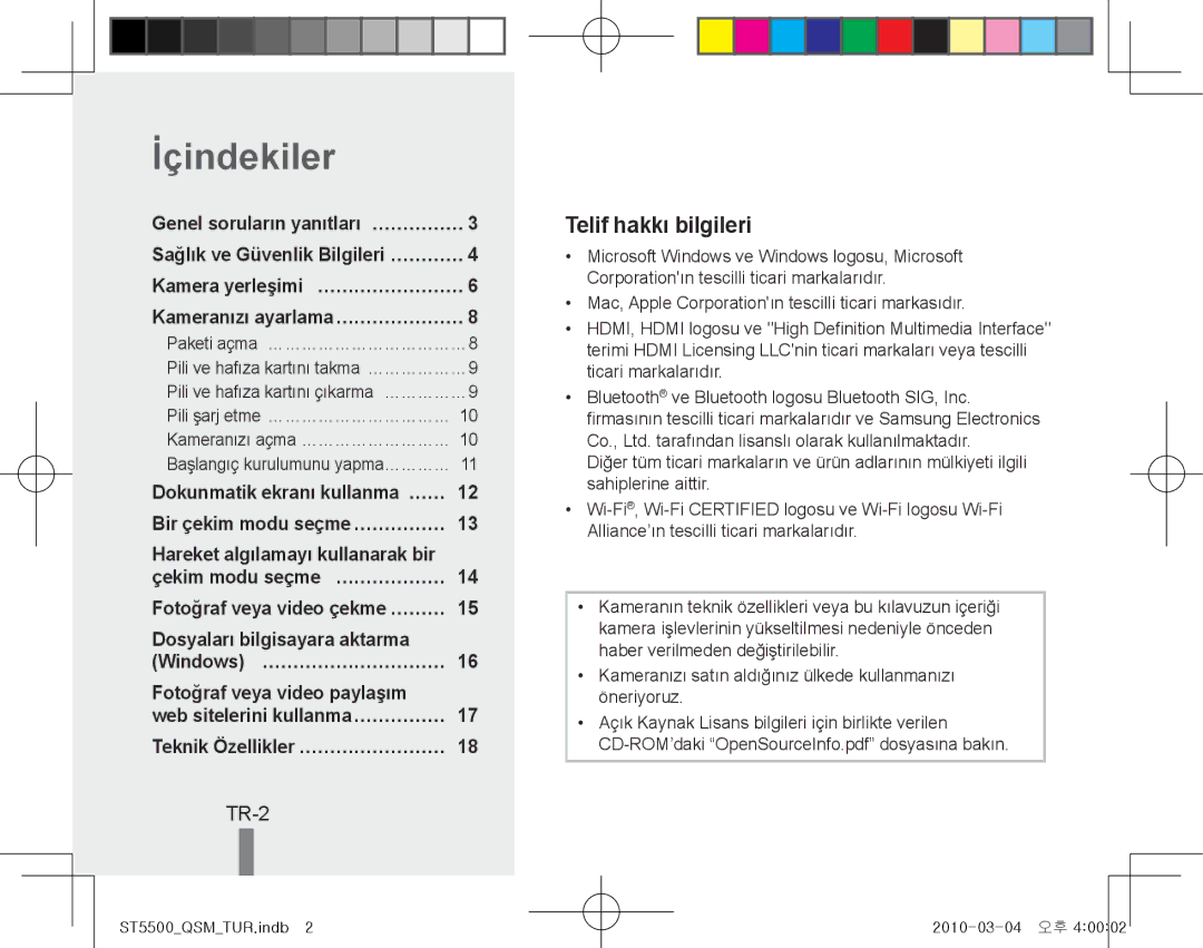 Samsung EC-ST5500BPBE1, EC-ST5500BPOIT manual İçindekiler, TR-2, Dokunmatik ekranı kullanma… …… Bir çekim modu seçme……………… 