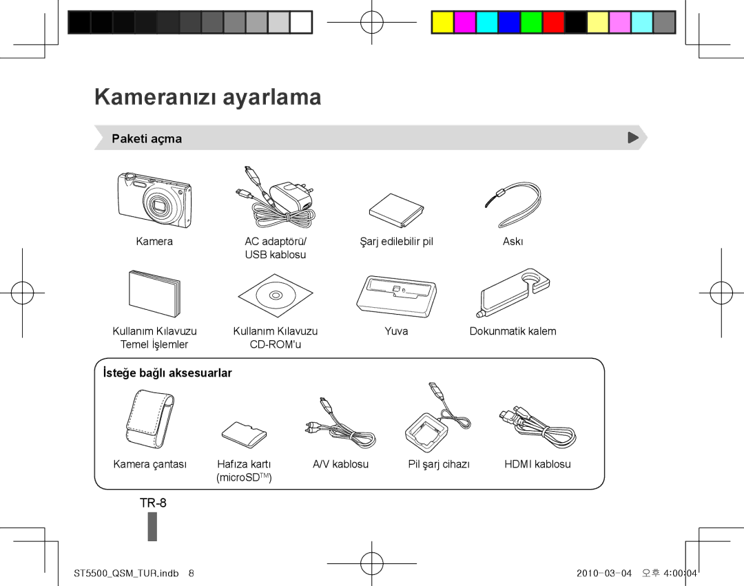 Samsung EC-ST5500BPAVN, EC-ST5500BPBE1, EC-ST5500BPOIT Kameranızı ayarlama, TR-8, Paketi açma, İsteğe bağlı aksesuarlar 