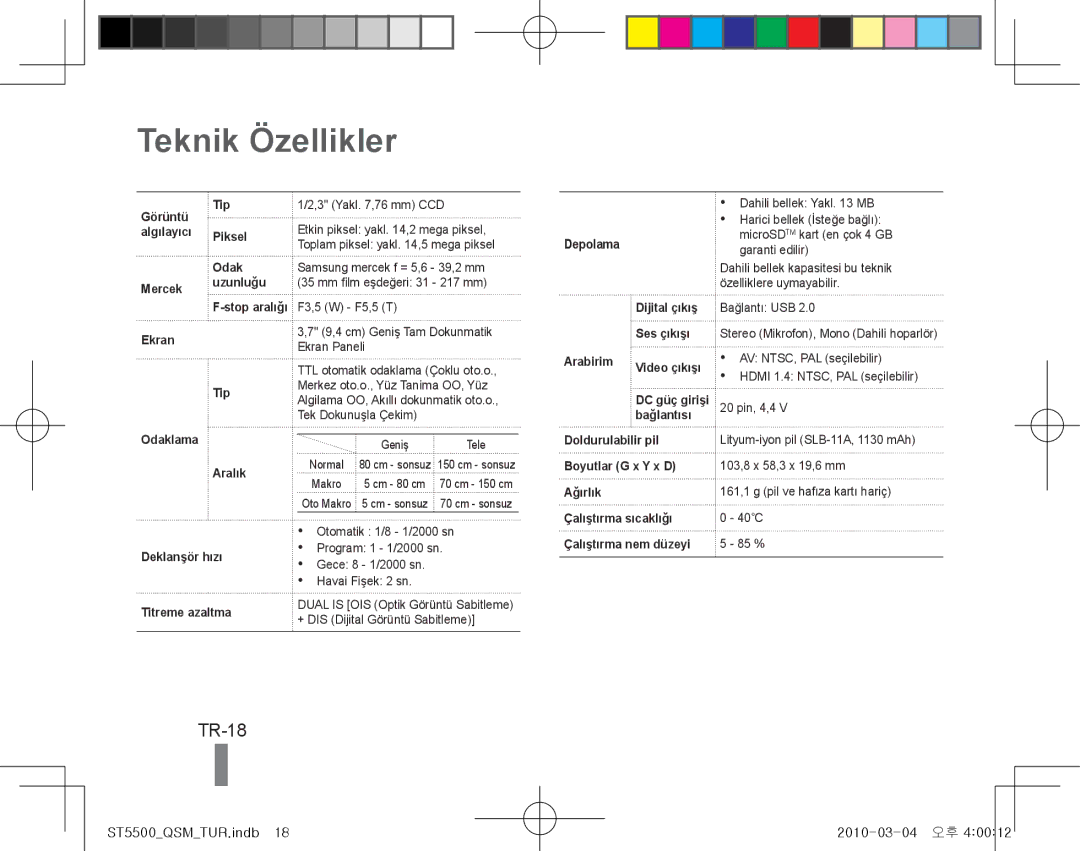 Samsung EC-ST5500BPARU, EC-ST5500BPBE1, EC-ST5500BPOIT, EC-ST5500BPBIT, EC-ST5500BPAIT manual Teknik Özellikler, TR-18 