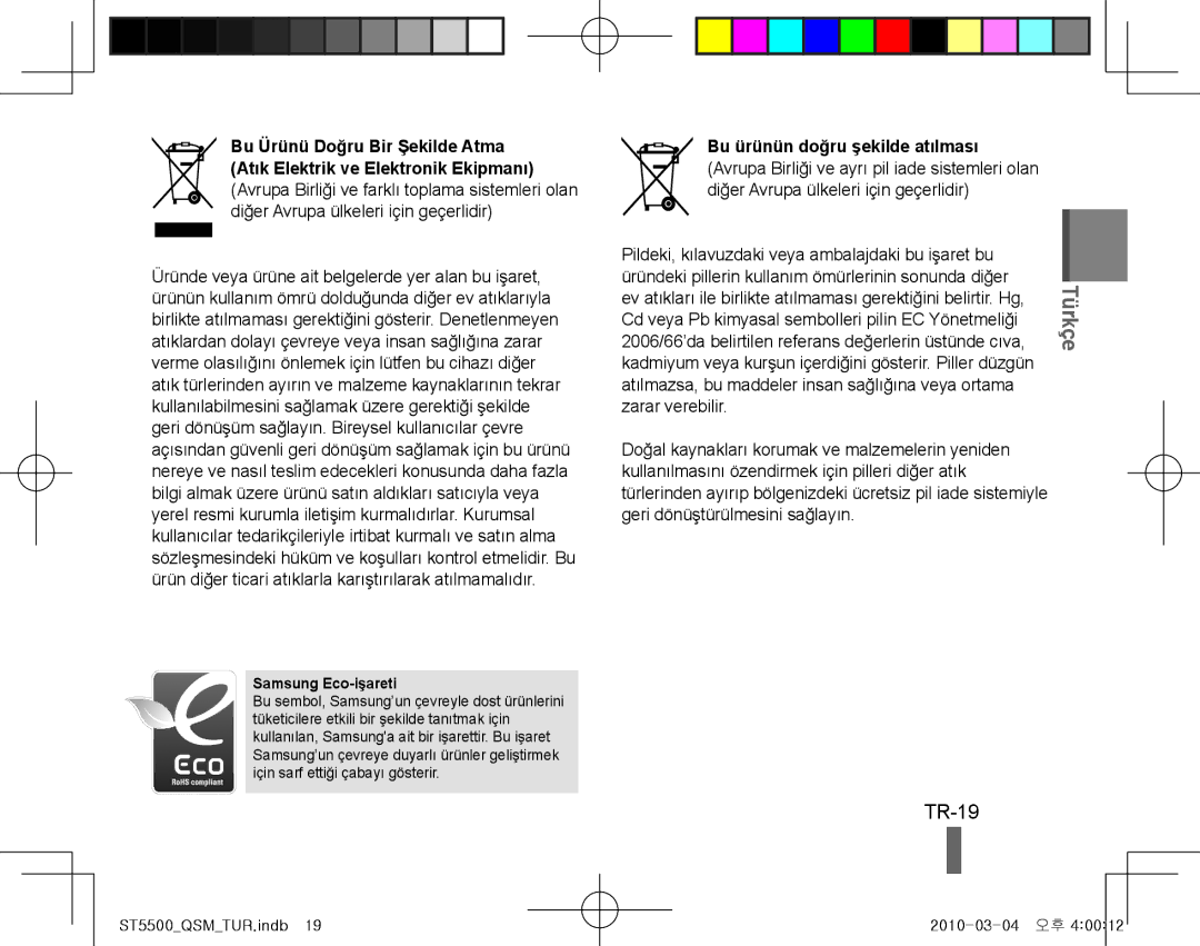 Samsung EC-ST5500BPAE1, EC-ST5500BPBE1, EC-ST5500BPOIT manual TR-19, Cd veya Pb kimyasal sembolleri pilin EC Yönetmeliği 