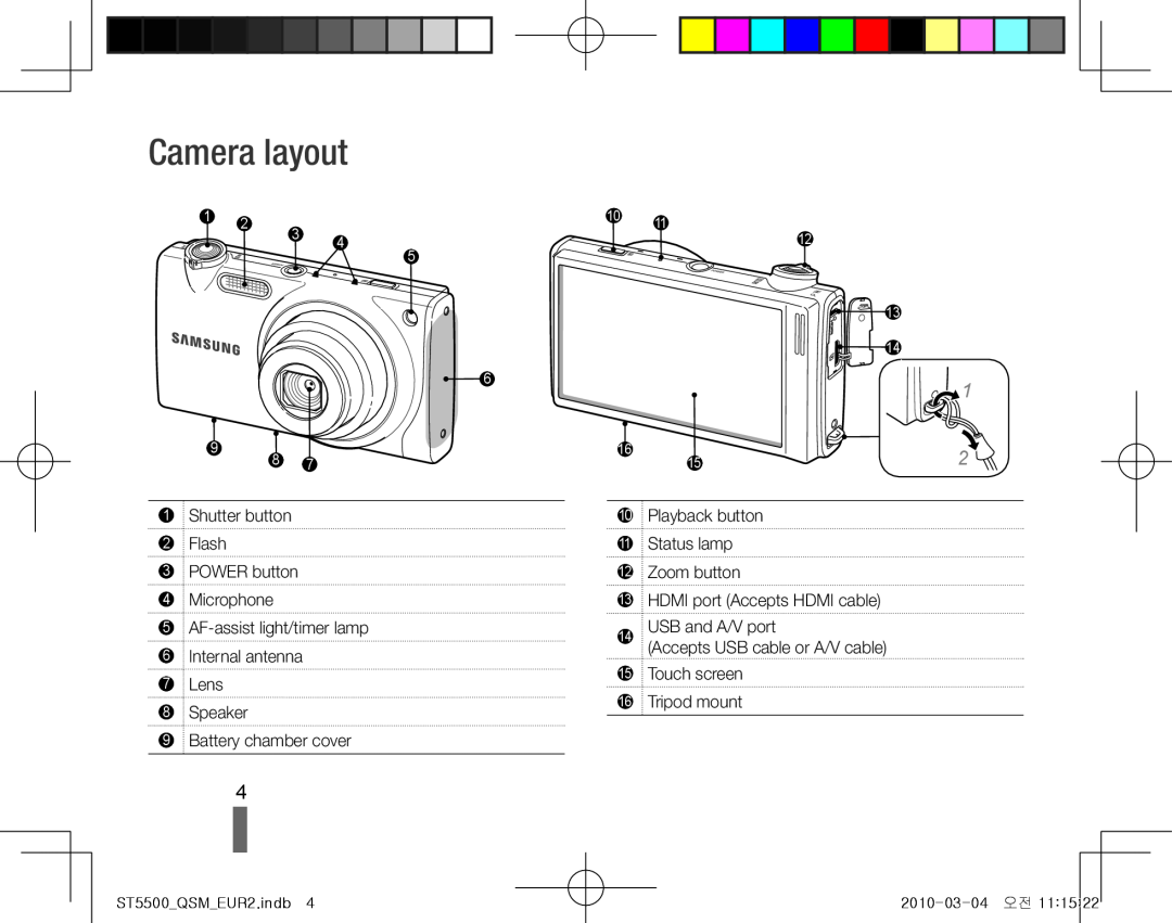 Samsung EC-ST5500BPBSA manual Camera layout, Shutter button 2 Flash 3 POWER button 4 Microphone, Battery chamber cover 