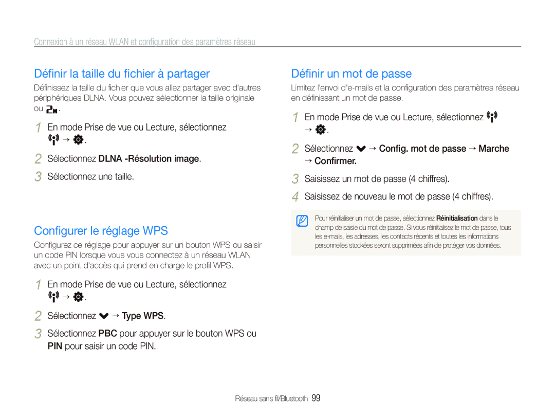 Samsung EC-ST5500BPBE1 manual Déﬁnir la taille du ﬁchier à partager, Conﬁgurer le réglage WPS, Déﬁnir un mot de passe 