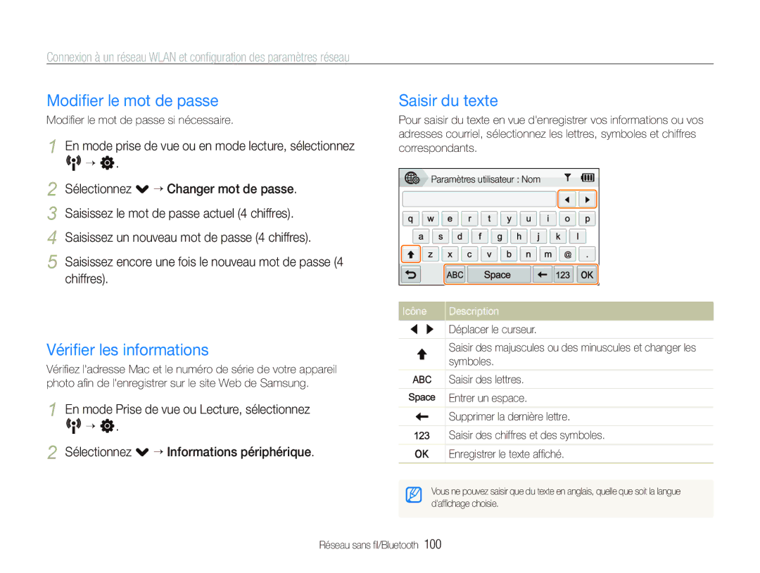 Samsung EC-ST5500BPBE1 manual Modiﬁer le mot de passe, Vériﬁer les informations, Saisir du texte, Icône 