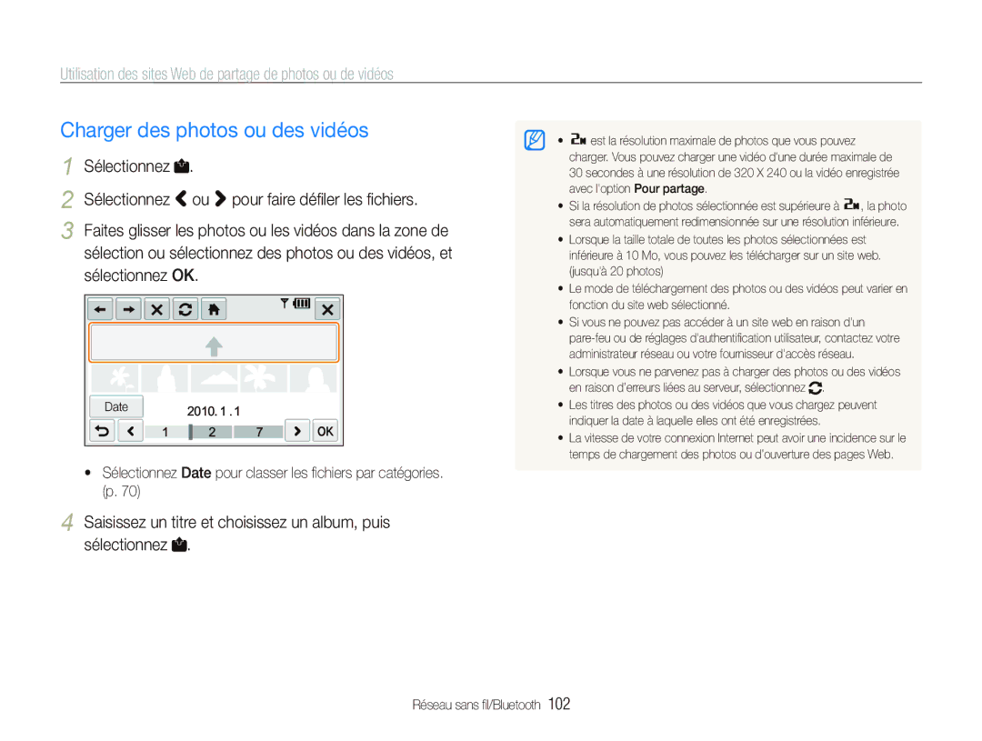 Samsung EC-ST5500BPBE1 manual Charger des photos ou des vidéos, Utilisation des sites Web de partage de photos ou de vidéos 