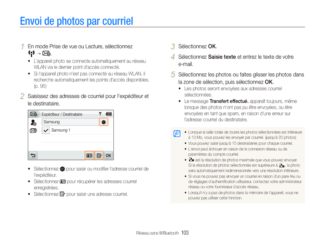 Samsung EC-ST5500BPBE1 manual Envoi de photos par courriel, En mode Prise de vue ou Lecture, sélectionnez 