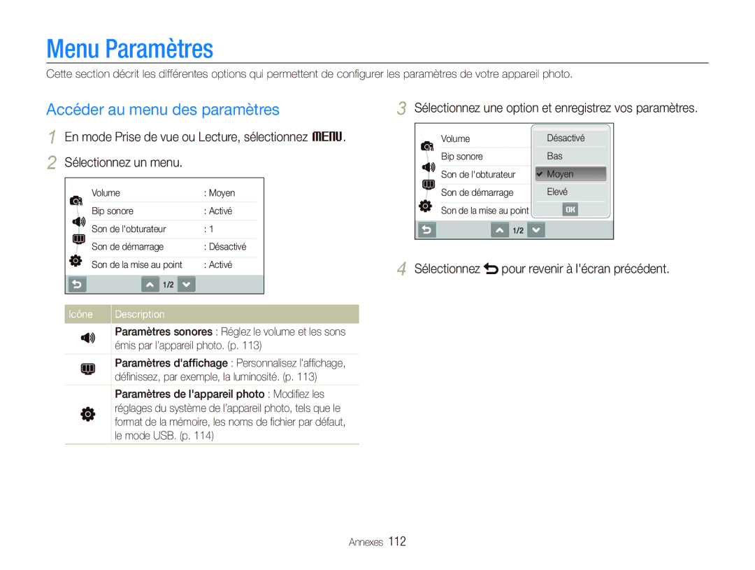 Samsung EC-ST5500BPBE1 manual Menu Paramètres, Accéder au menu des paramètres, Sélectionnez pour revenir à lécran précédent 