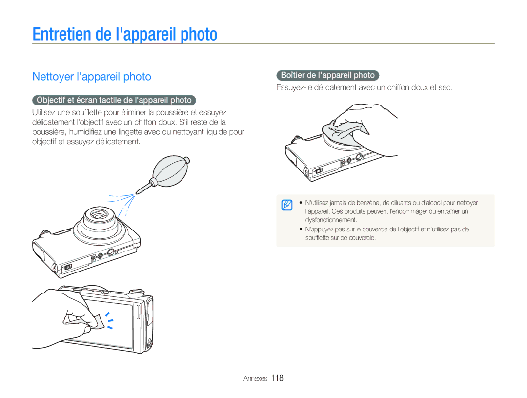 Samsung EC-ST5500BPBE1 manual Entretien de lappareil photo, Nettoyer lappareil photo, Boîtier de lappareil photo 