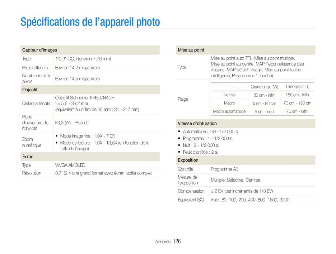 Samsung EC-ST5500BPBE1 manual Spéciﬁcations de l’appareil photo 